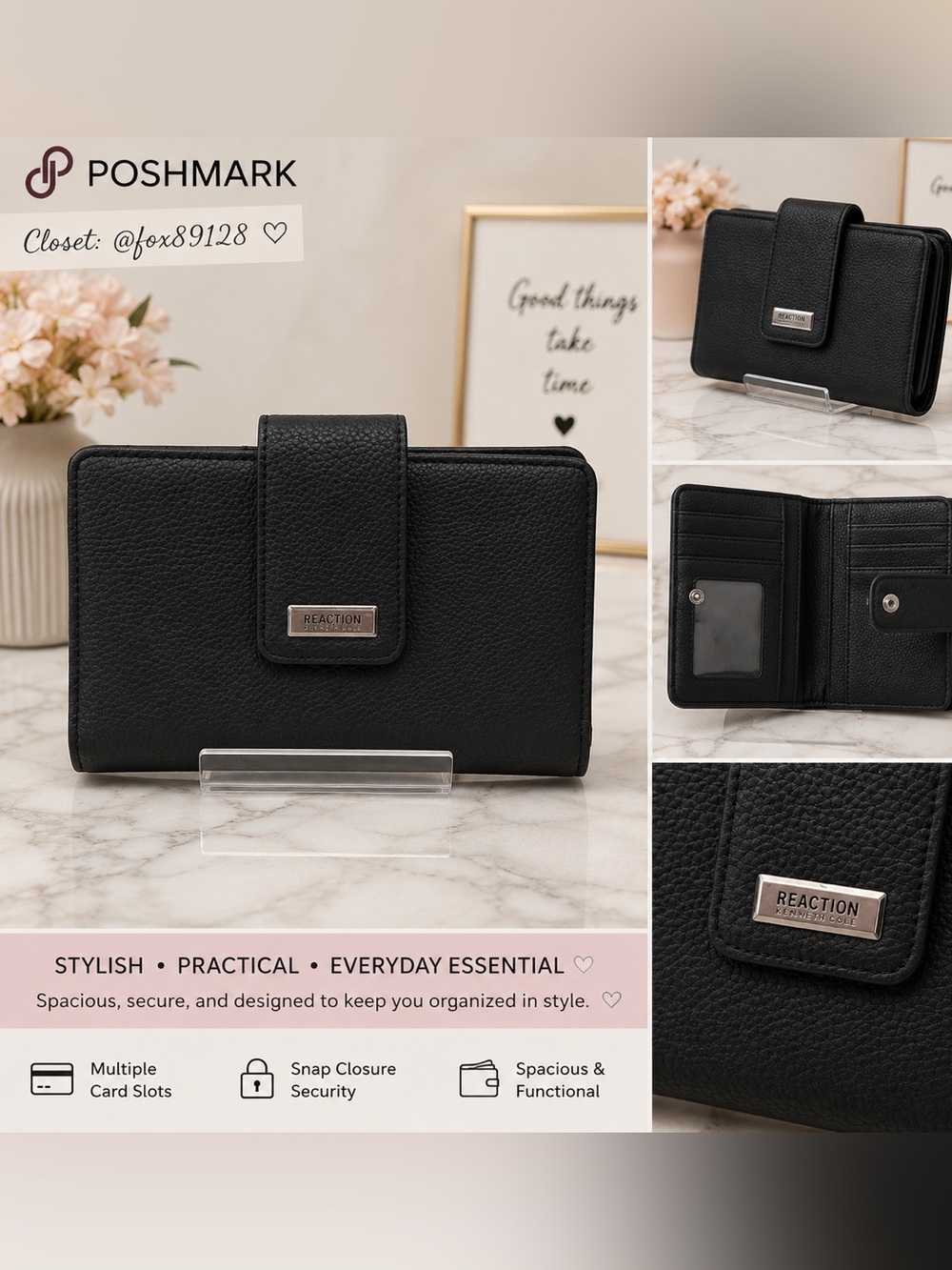 Kenneth Cole Reaction Black Pebble Leather Snap Wallet